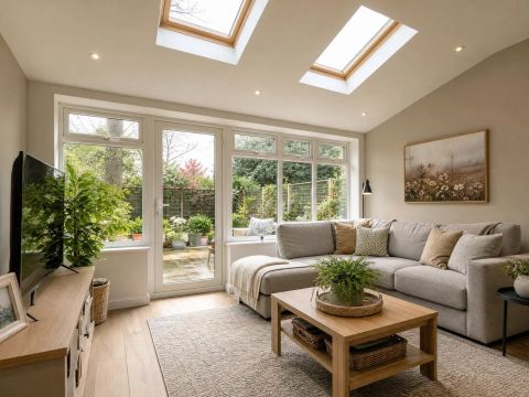 Interior of conservatory after solid tiled warm roof installation — comfortable living space with roof windows